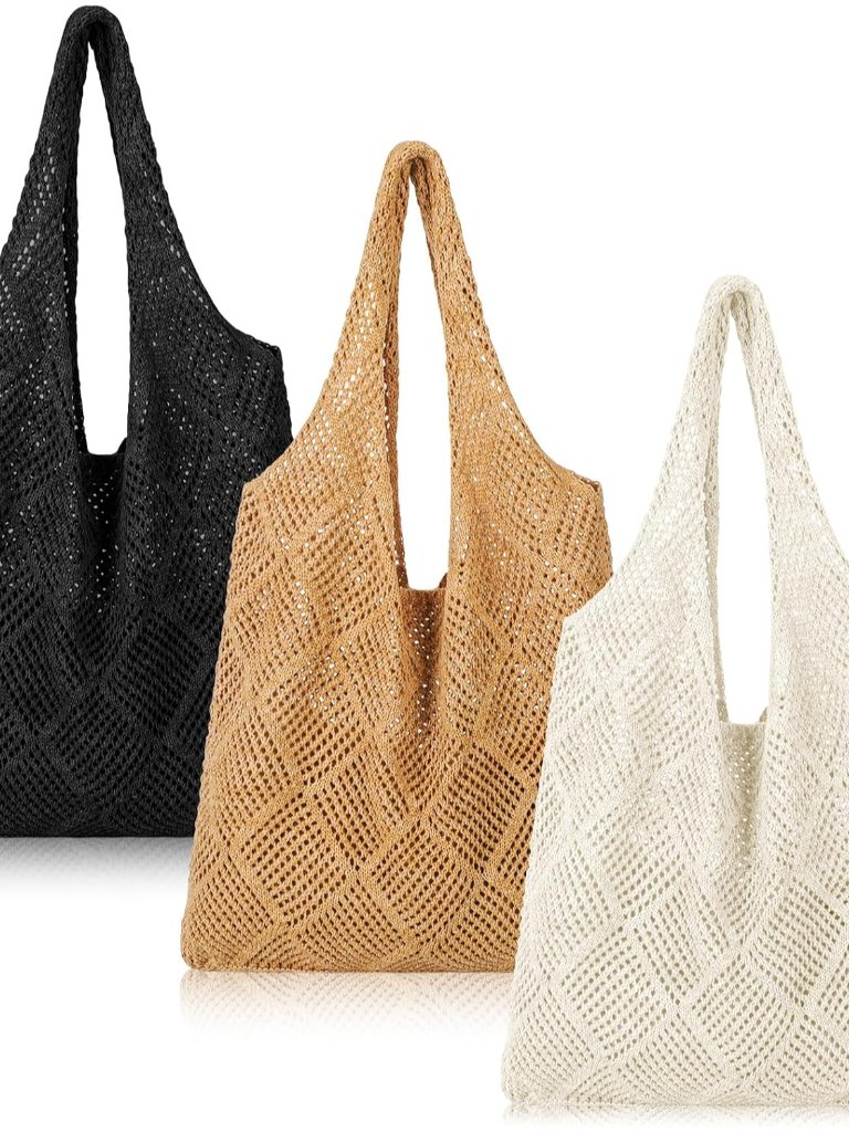 3 Pcs Crochet Mesh Beach Tote Bag For Women Summer Hollow Woven Straw Bag Knitte